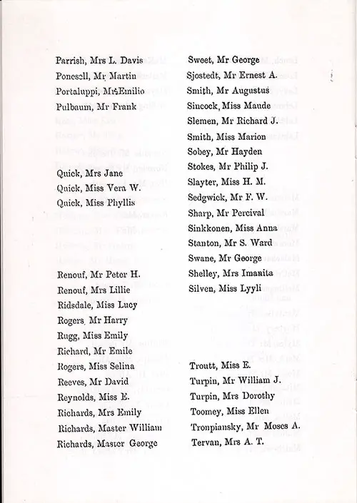 Page 8 of the Second Class Passenger List, Listing Passengers from Mrs. L. Davis Parrish to Mrs. A. T. Tervan