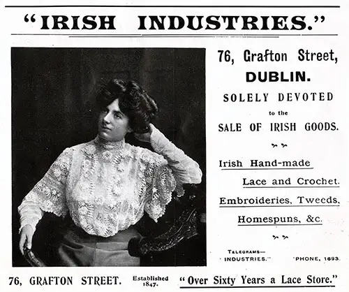 Advertisement - Irish Industries, RMS Etruria Onboard Publication of the Cunard Daily Bulletin for 11 September 1908.