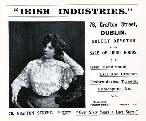Advertisement, Irish Industries of Dublin. Cunard Daily Bulletin, Ivernia Edition for 22 July 1908.