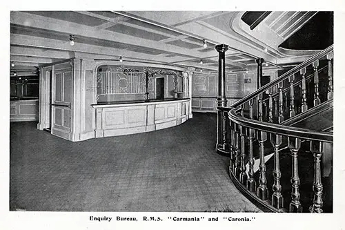 Enquiry Bureau Onboard the RMS Carmania and Caronia Published in the Lusitania Edition of the Cunard Daily Bulletin for 10 June 1908.