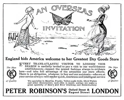Advertisement: Peter Robinson's on Oxford and Regent Streets, London.