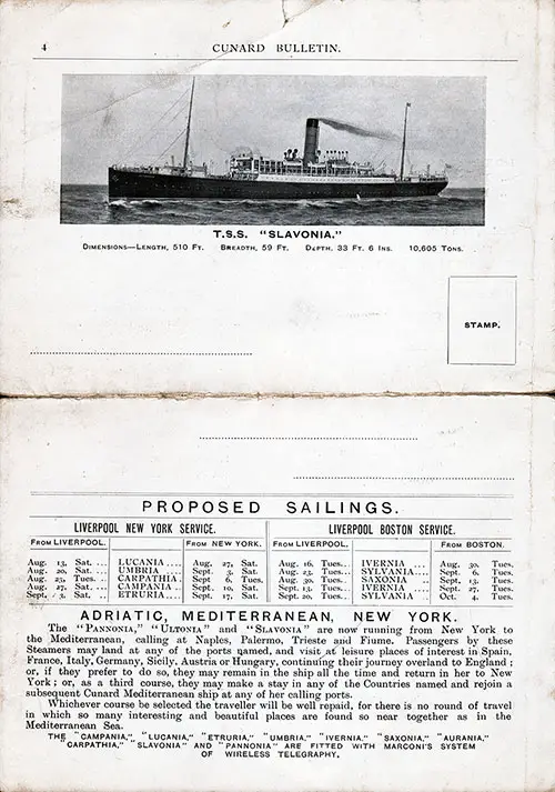 Back Page Featuring a Photo of the SS Slavonia, Proposed Sailings between Liverpool, New York, and Boston, and Information on the Adriatic, Mediterranean, New York Voyages.