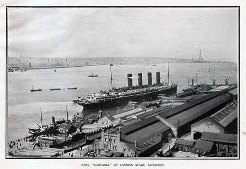 The RMS Lusitania at the Landing Stage at Liverpool, England.