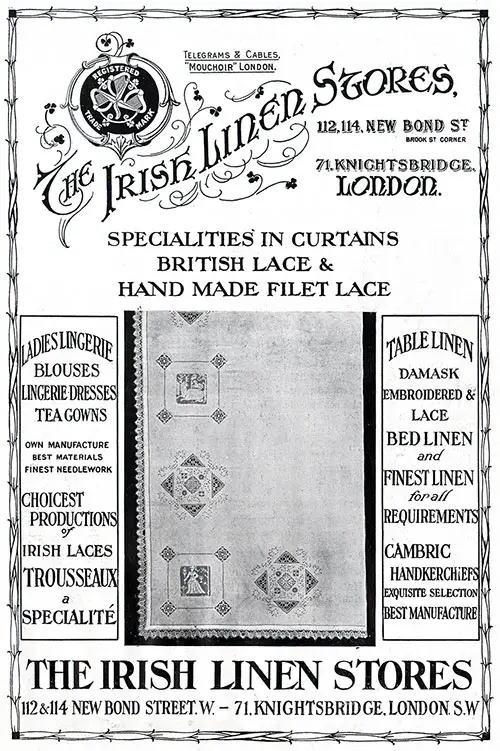 Advertisement: The Irish Linen Stores.