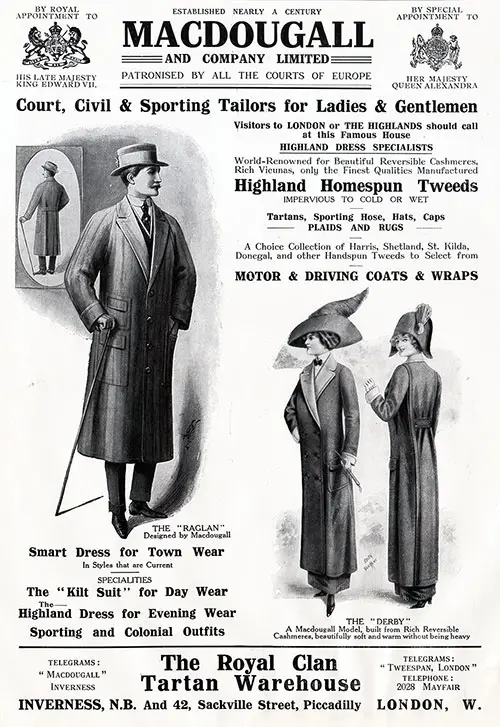 Advertisement: MacDougall and Company Limited are purveyors of Court, civil, and Sporting Tailors for Ladies and Gentlemen in London.
