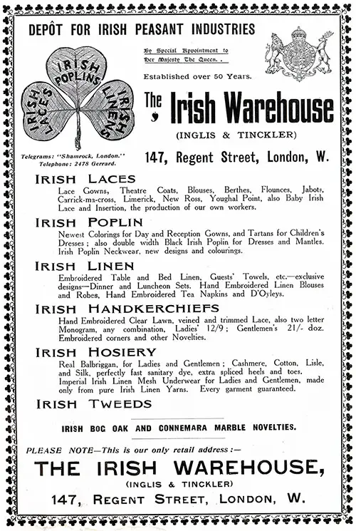 Advertisement: The Irish Warehouse (Inglis & Tinckler), a Depôt for Irish Peasant Industries in London.
