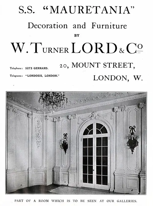 Advertisement: SS Mauretania Decoration and Furniture by W. Turner Lord & Co., London.