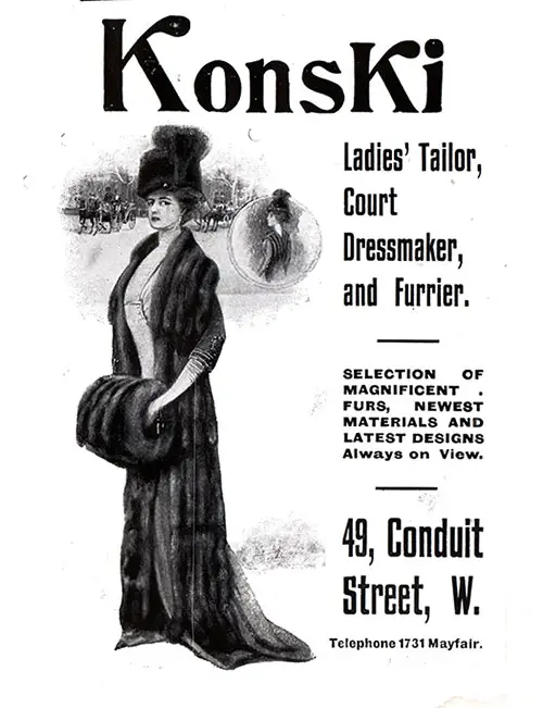 Advertisement: Konski -- Ladies' Tailor, Court Dressmaker, and Furrier, London.