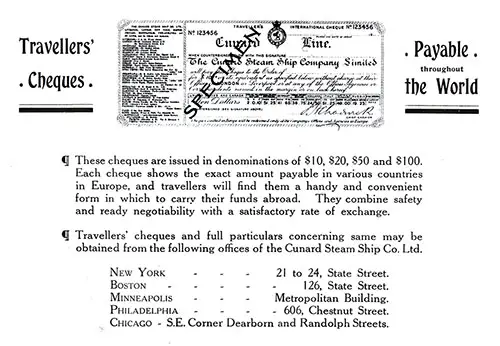 Advertisement: Cunard Line Travellers' Cheques, Payable Throughout the World.