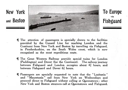 Promotion: New York and Boston to Europe via Fishguard by the Cunard Line.