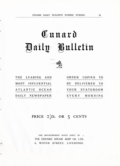 Title Page, Cunard Daily Bulletin, Summer 1912.