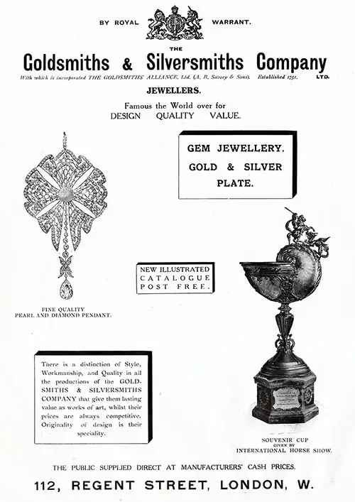 Advertisement: The Goldsmiths & Silversmiths Company, Ltd., Jewellers in London.