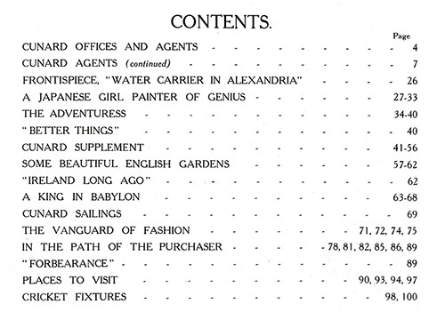 Table of Contents, Cunard Daily Bulletin, Summer 1912.