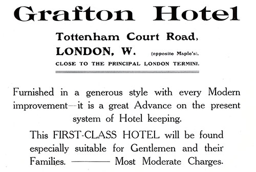 Advertisement: Grafton Hotel, Close to the Principal London Termini, Opposite Maple's.