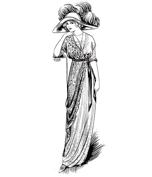 Summer Afternoon Gown With Elaborate Feathered Hat.