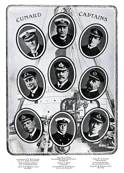 Portraits of Cunard Captains. See Image Caption for Names, Ranks, and Assigned Ships.
