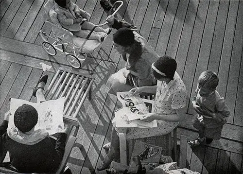 Mother and Children Relaxing on the SS Bremen.