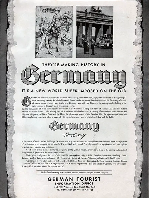 Advertisement from the German Tourist Information Office - "They're Making History in Germany. It's a New World Superimposed on the Old."