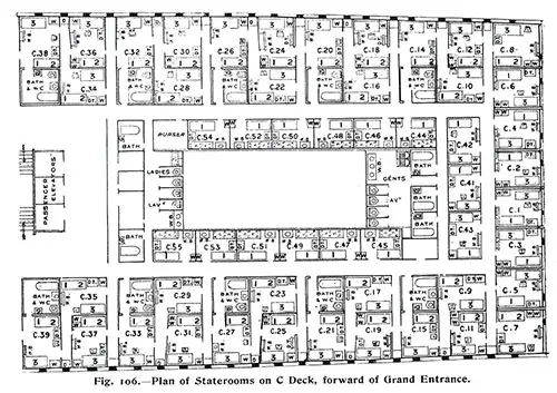 Fig. 106: Plan of Staterooms on C Deck, Forward of Grand Entrance on the RMS Titanic.
