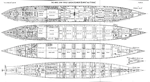 Plate 5: Deck Plans - Middle Deck F, Lower Deck G, Orlop Deck, Lower Orlop Deck, and Tank Top.