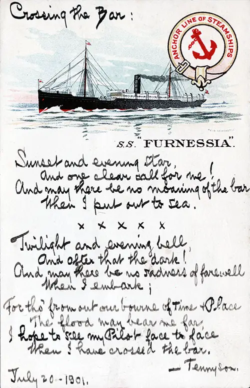 Postcard from the Anchor Line SS Furnessia Dated 20 July 1901 with an Inscribed Poem from Tennyson Entitled Crossing the Bar.