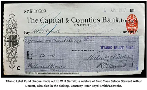 Titanic Relief Fund Cheque dated 1 April 1912 payable to W. H. Derrett, a relative of Fist Class Saloon Steward Arthur Derrett, who perished in the sinking.