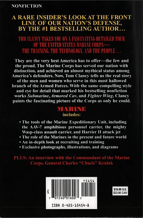 Back Cover, Marine: Guided Tour - Marine Expeditionary Unit - 1996 - ISBN 0425154548.