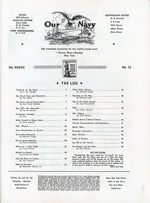 Table of Contents, 15 November 1942 Issue of Our Navy Magazine.