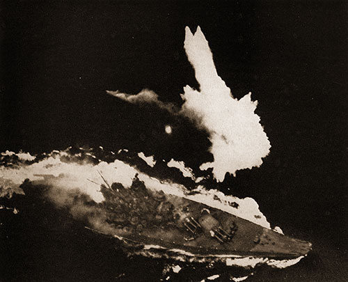 Running the Gauntlet of Carrier Plane Bombs. the Yamato, 67,500-Ton Monster, Smokes Amidships From Several Direct Hits Just Before She Was Sunk in the East China Sea, April 7, 1945.