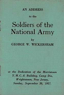 Front Cover, An Address to the Soldiers of the National Army by George W. Wickersham on Sunday, 30 September 1917.