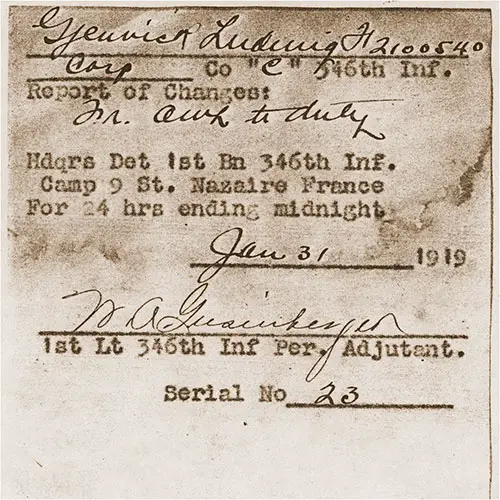 24-Hour Pass Granted by 1st Lt. N. A. Gusierkesgen, 346th Infantry Personnel Adjutant for Ludvig Gjenvick 2100540, Corporal, Company C, 346th Infantry, Dated 31 January 1919.