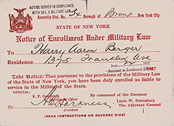 Front Side, State of New York, Notice of Enrollment Under Military Law for Harry Aaron Berger of Bronx, New York City, Dated 22 June 1917.