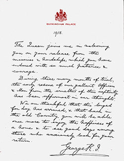 Letter from King George V to British POW's On Their Release in 1918.