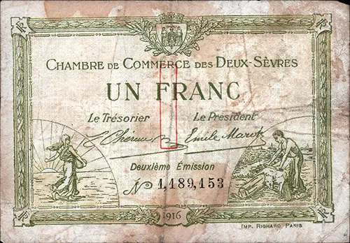 Front Side, 1 Franc French Currency Bank Note Issued in 1916.