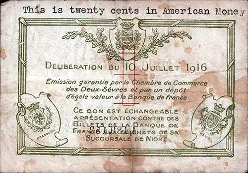 Back Side, 1 Franc French Currency Bank Note Issued in 1916.