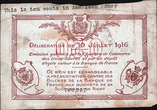 Back Side, Cinquante Centimes 0.50 French Bank Note Currency, 1916.