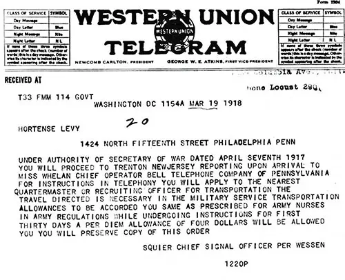 On 19 March 1918, Miss Hortense Levy of Philadelphia Received a Western Union Telegraph Instructing Her to Report for Training in Telephony, Also Known as Telephone Operation.