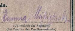 Close up of signiture from reverse side of passenger contract