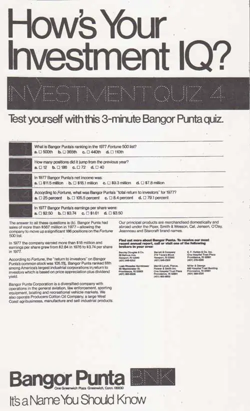 How's Your Investment IQ? Ivestment Quiz 3 - 1978 Bangor Punta Print Advertisement