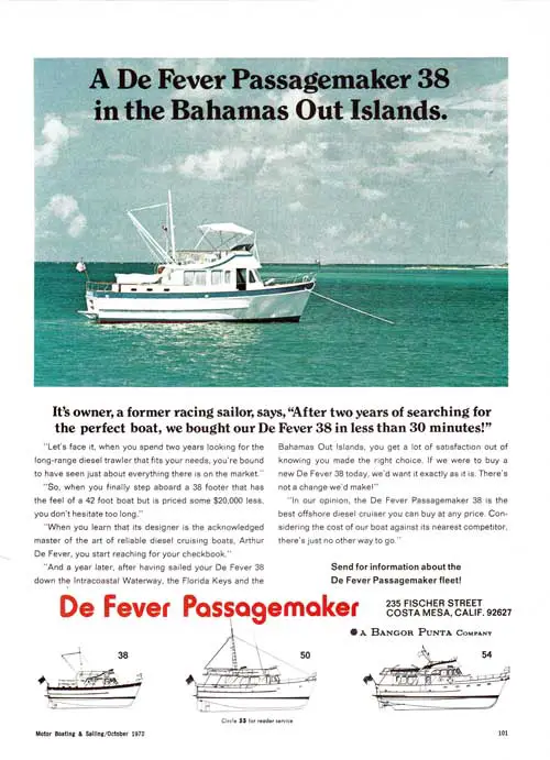 A De Fever Passagemaker 38 in the Bahamas Out Islands. 1972 Print Advertisement.
