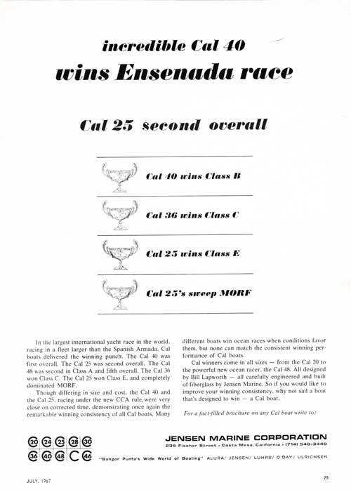 Incredible CAL 40 Wins Ensenada Race - 1967 Print Advertisement.