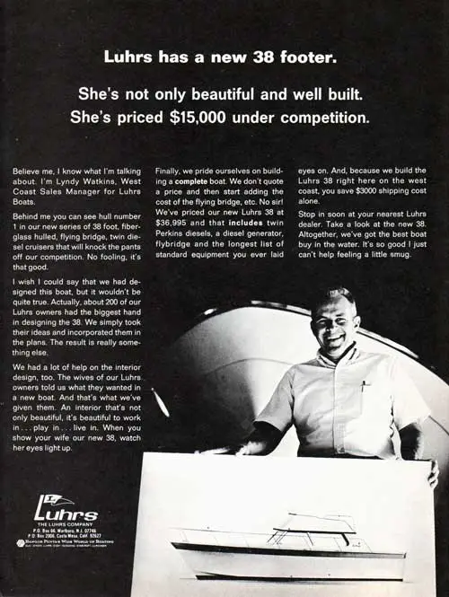 Luhrs has a new 38 Footer.  1970 Print Advertisement.