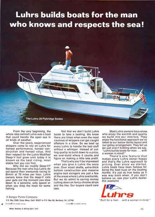 Luhrs builds boats for the man who knows and respects the sea! 1972 Print Advertisement