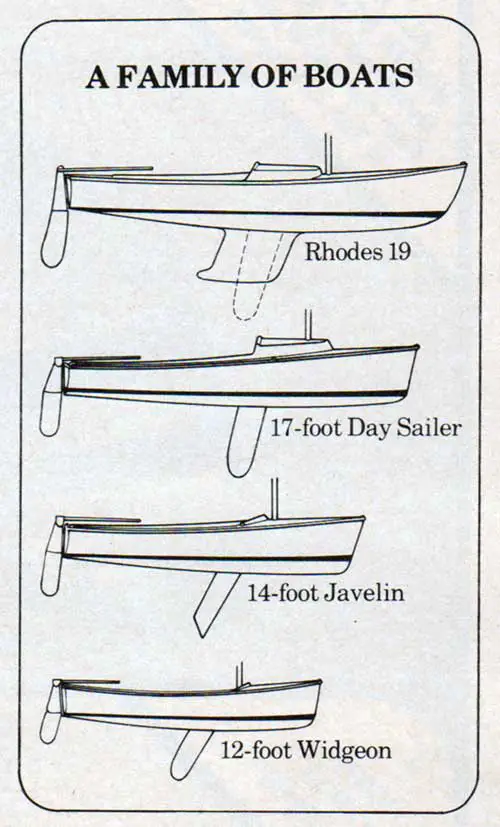A Family of Boats: Rhodes 19; 17-foot Day Sailer; 14-Foot Javelin; and a 12-foot Widgeon