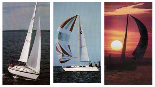 Three views of the O'Day 30 Sailboat on the open water - 1977 Catalog