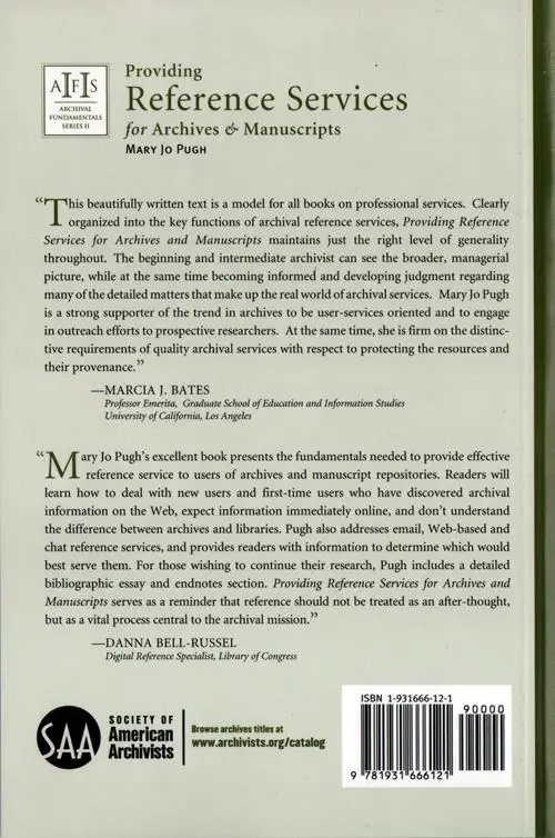 Back Cover, Providing Reference Services For Archives and Manuscripts, 2005.