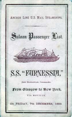 Passenger Manifest, Anchor Line, Saloon Passengers, Furnessia, 1883