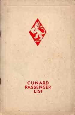 Passenger List, Cunard Line RMS Aquitania - Saloon Class - Jan 1927