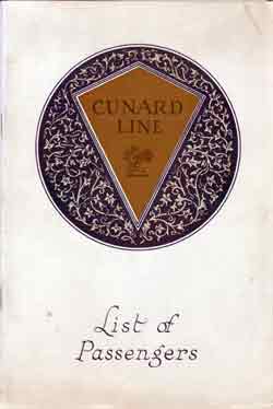 Passenger List, Cunard Line RMS Aquitania - Jan 1927 (2nd Class)