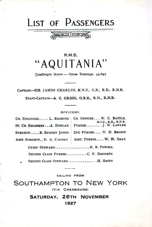 Title Page, RMS Aquitania Second Class Passenger List, 26 November 1927.